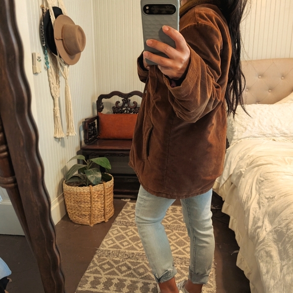 Vintage Men's Sherpa winter coat shearling chocolate brown large chore shirt jac - Picture 2 of 9